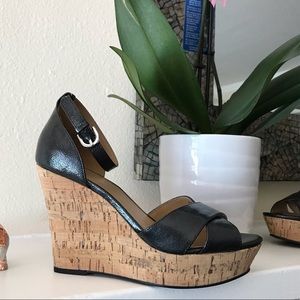 Black patent leather wedges